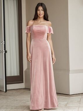 Off-Shoulder Velvet Maxi Dress in Dusty Pink Boho Bridesmaid B2 Jasmine